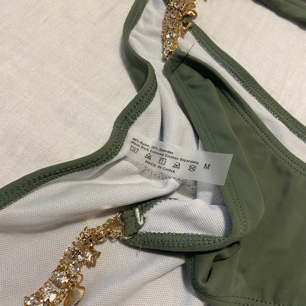 Shein Rhinestone Chain Linked Tie Side Bikini Swimsuit in Army Green (2 pc set) - Picture 12 of 12